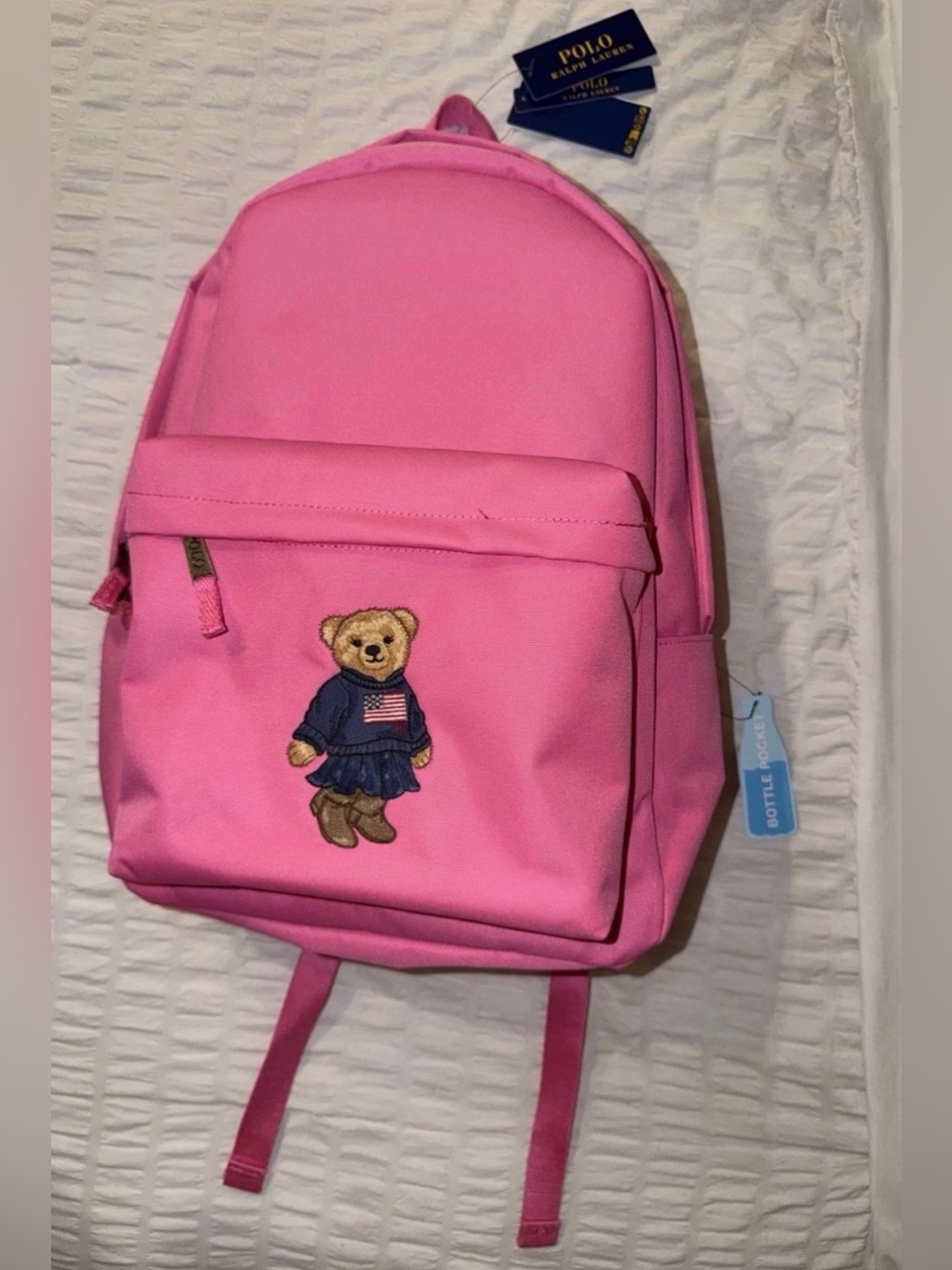 New Polo Ralph Lauren Girls Polo Bear Canvas Backpack Baja Pink Full Size